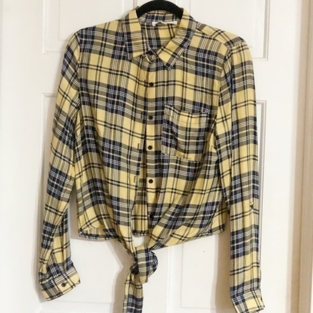 Love Tree Yellow Plaid Front Tie Shirt